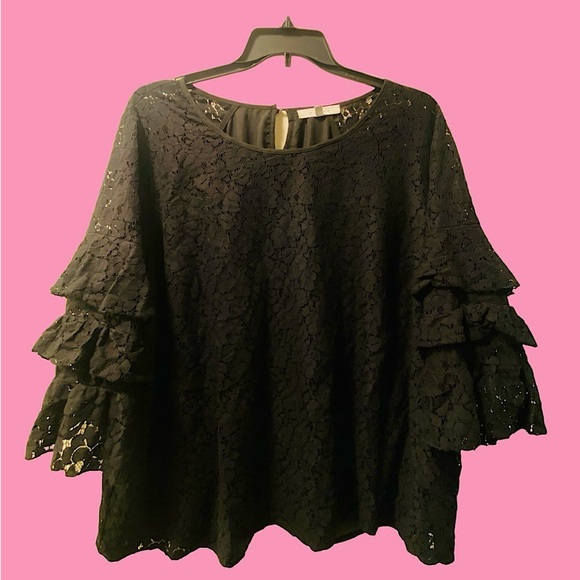 Fever Tops - Fever 3XL Womens black lace shirt with layered lace bell 3/4 sleeves